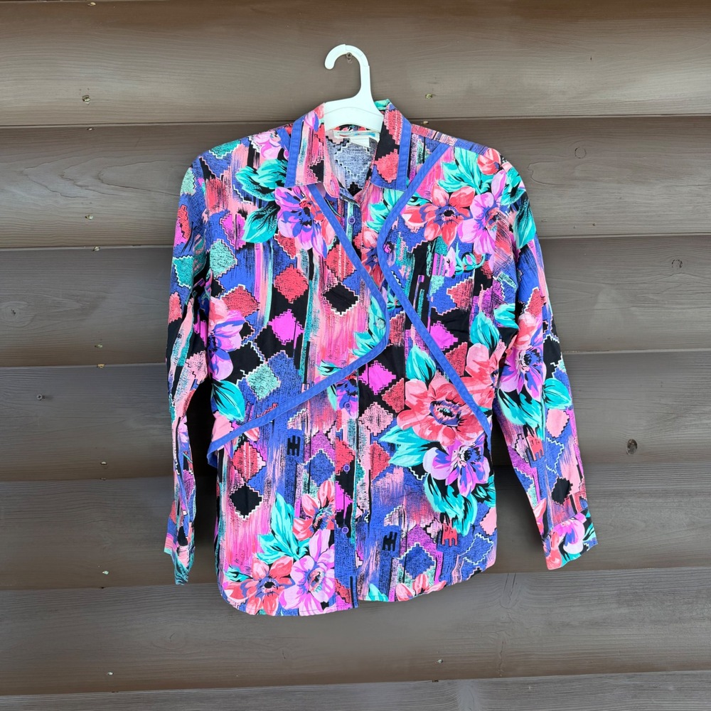 Vtg 90s Wrangler Western Shirt Sz S/M Abstract Floral‎ Geometric Print